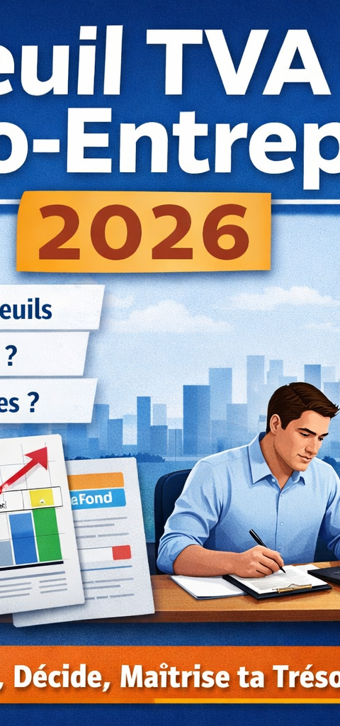 Illustration éditoriale sur la TVA et la micro-entreprise en 2026 : calculatrice “TVA 2026”, graphique de seuils en hausse, entrepreneur au bureau et checklist “plan d’action”, avec la Tour Eiffel en arrière-plan.