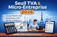 Illustration éditoriale sur la TVA et la micro-entreprise en 2026 : calculatrice “TVA 2026”, graphique de seuils en hausse, entrepreneur au bureau et checklist “plan d’action”, avec la Tour Eiffel en arrière-plan.