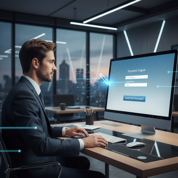 Entrepreneur français utilisant la signature électronique pour valider un document, comparatif Yousign DocuSign Universign pour PME en 2026