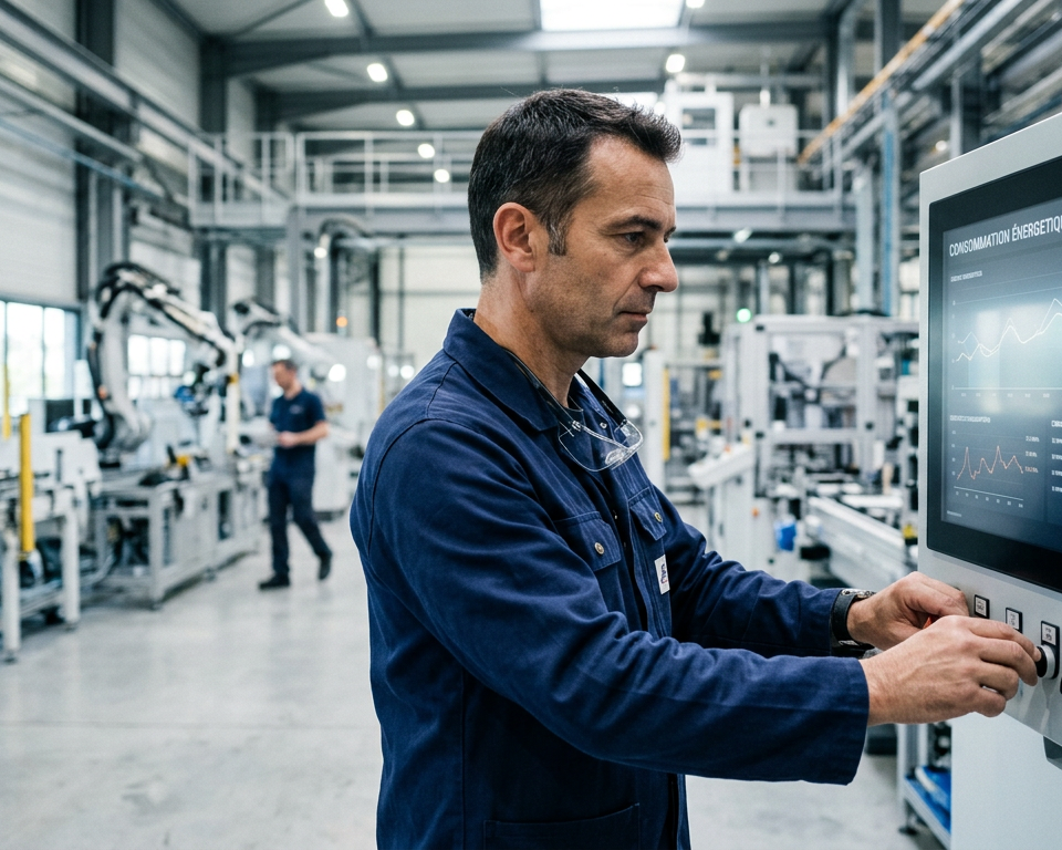 Illustration d'une usine moderne avec des panneaux solaires et un graphique de réduction de consommation, symbolisant la sobriété énergétique PME et l'innovation industrielle.
