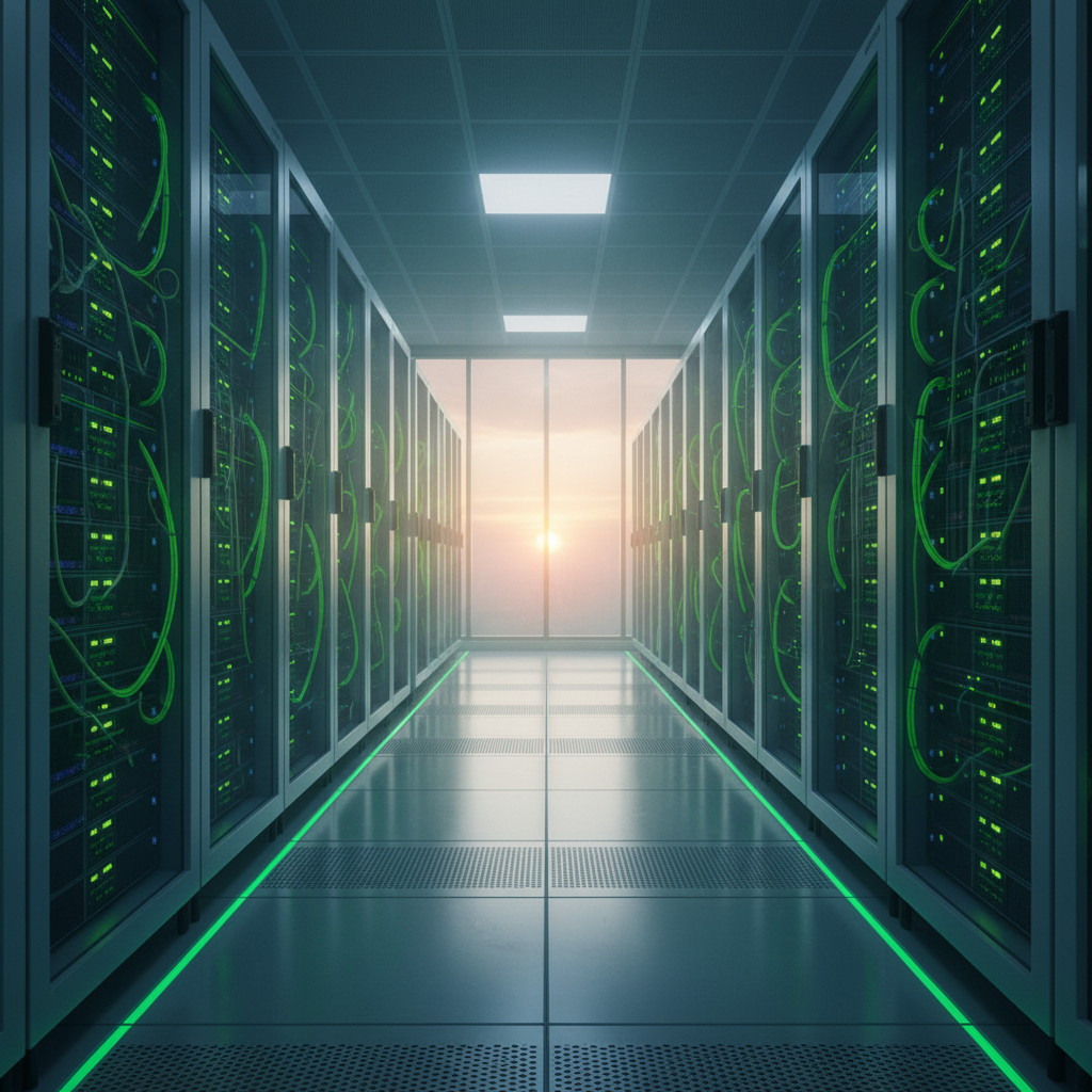 Serveurs dans un data center illustrant la sobriété numérique en entreprise en 2026, avec des infrastructures IT optimisées et des lumières vertes.