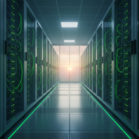 Serveurs dans un data center illustrant la sobriété numérique en entreprise en 2026, avec des infrastructures IT optimisées et des lumières vertes.