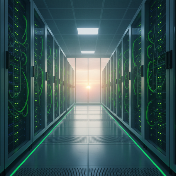 Serveurs dans un data center illustrant la sobriété numérique en entreprise en 2026, avec des infrastructures IT optimisées et des lumières vertes.