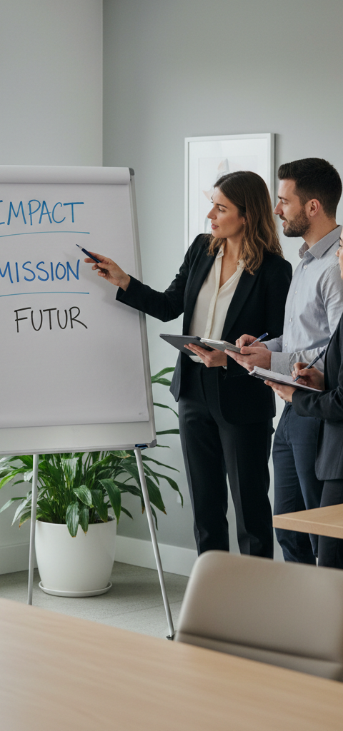 Illustration d'une PME moderne et engagée, symbolisant la réussite d'une société à mission avec des éléments de croissance durable et d'impact positif.