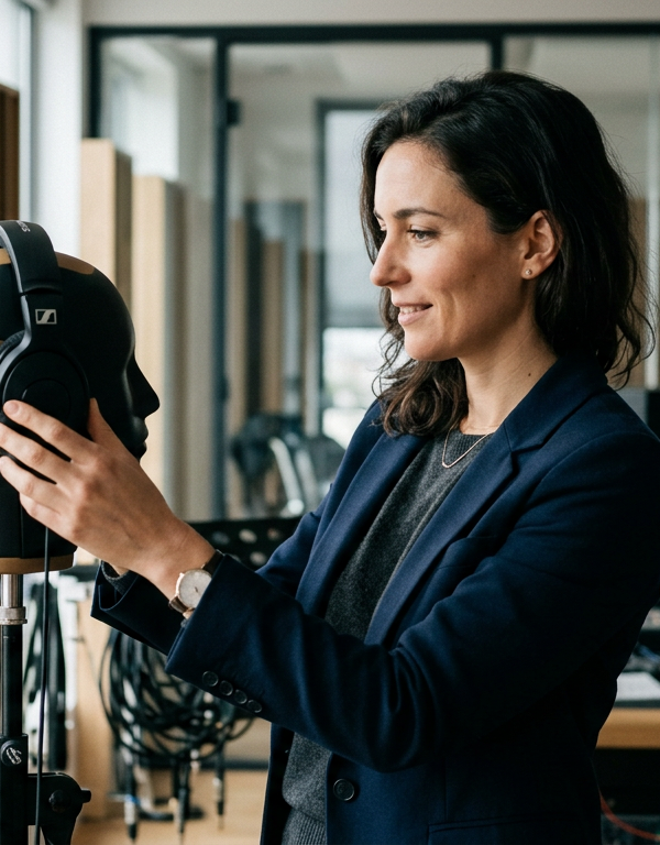 Léa Kergoat, fondatrice de Sonore Sport, souriante, tenant un micro professionnel, symbolisant l'alliance entre technologie audio et bien-être sportif.