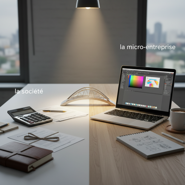 Graphique montrant une flèche ascendante symbolisant la croissance, avec des icônes de micro-entreprise et de société, illustrant le passage et la sortie de la micro-entreprise.