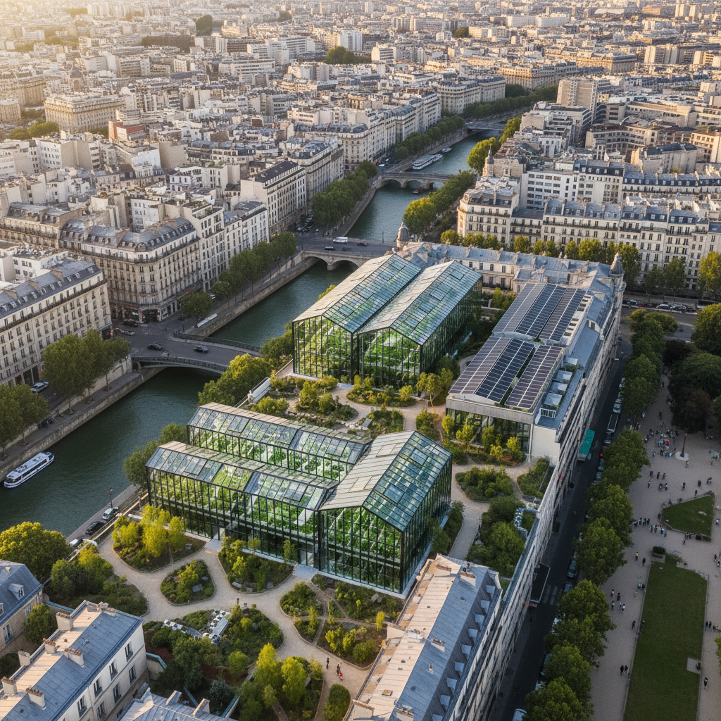 Micro-ferme urbaine moderne à Nice, symbolisant la souveraineté alimentaire et la relocalisation de la production en France.