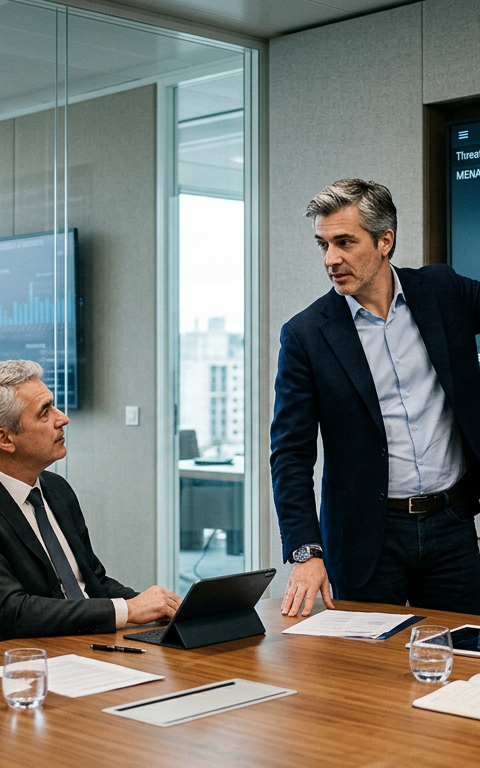 Un DSI en pleine réflexion devant un tableau de bord numérique complexe, symbolisant la Souveraineté numérique et la prise de décision stratégique.