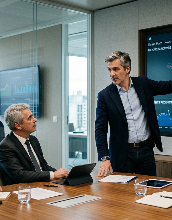 Un DSI en pleine réflexion devant un tableau de bord numérique complexe, symbolisant la Souveraineté numérique et la prise de décision stratégique.