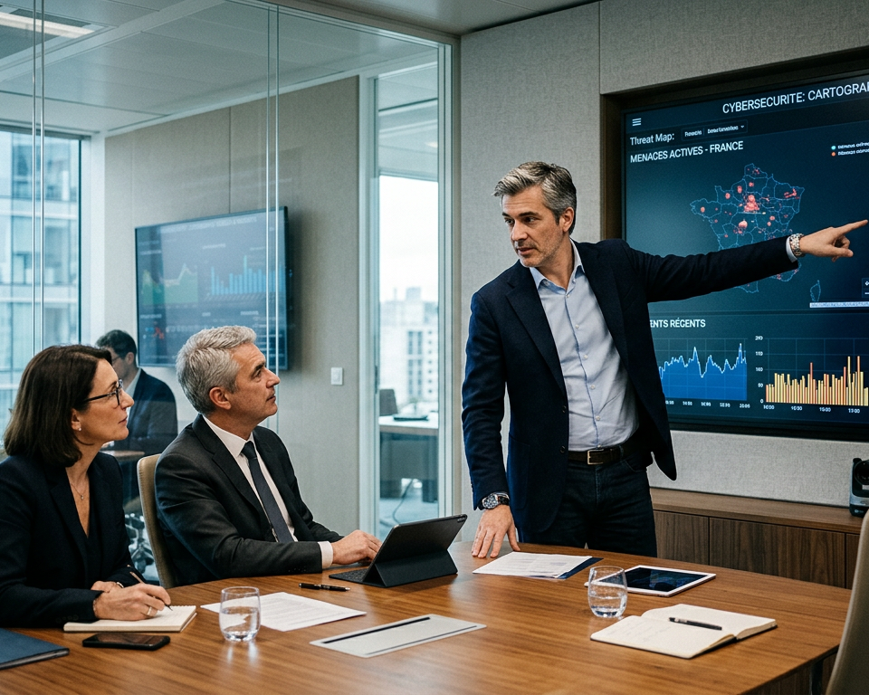 Un DSI en pleine réflexion devant un tableau de bord numérique complexe, symbolisant la Souveraineté numérique et la prise de décision stratégique.