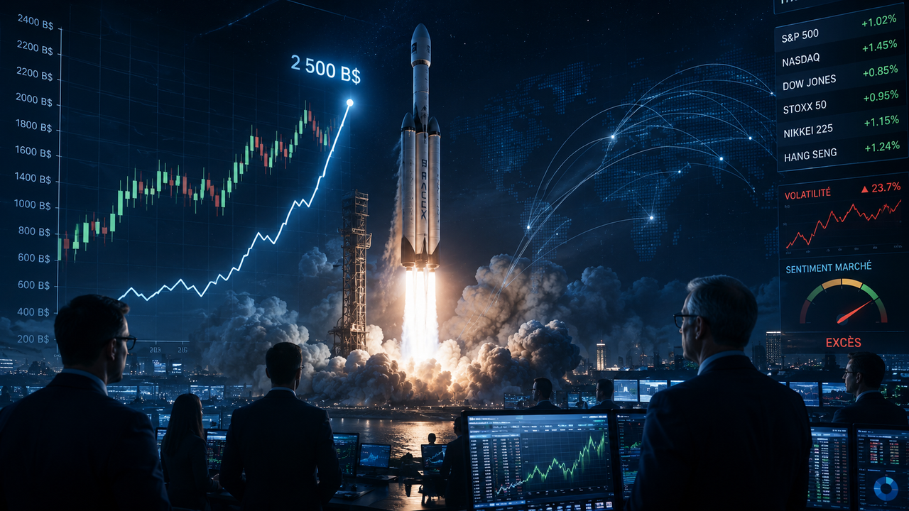Fusée SpaceX au décollage devant des graphiques boursiers, illustrant l’entrée en Bourse de SpaceX et son impact sur les marchés financiers.