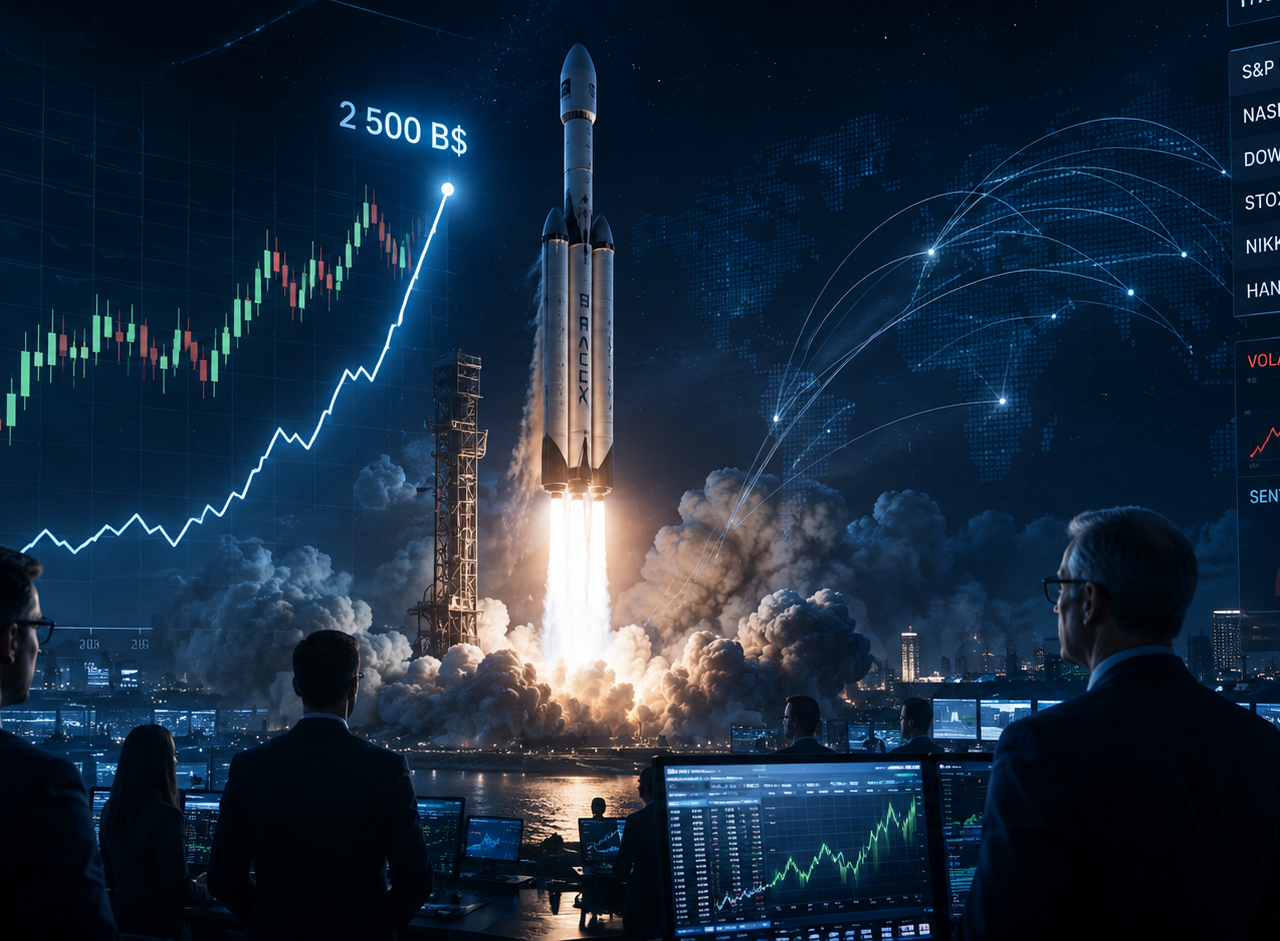 Fusée SpaceX au décollage devant des graphiques boursiers, illustrant l’entrée en Bourse de SpaceX et son impact sur les marchés financiers.