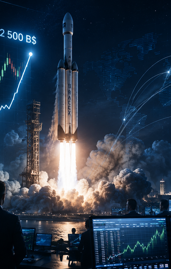 Fusée SpaceX au décollage devant des graphiques boursiers, illustrant l’entrée en Bourse de SpaceX et son impact sur les marchés financiers.