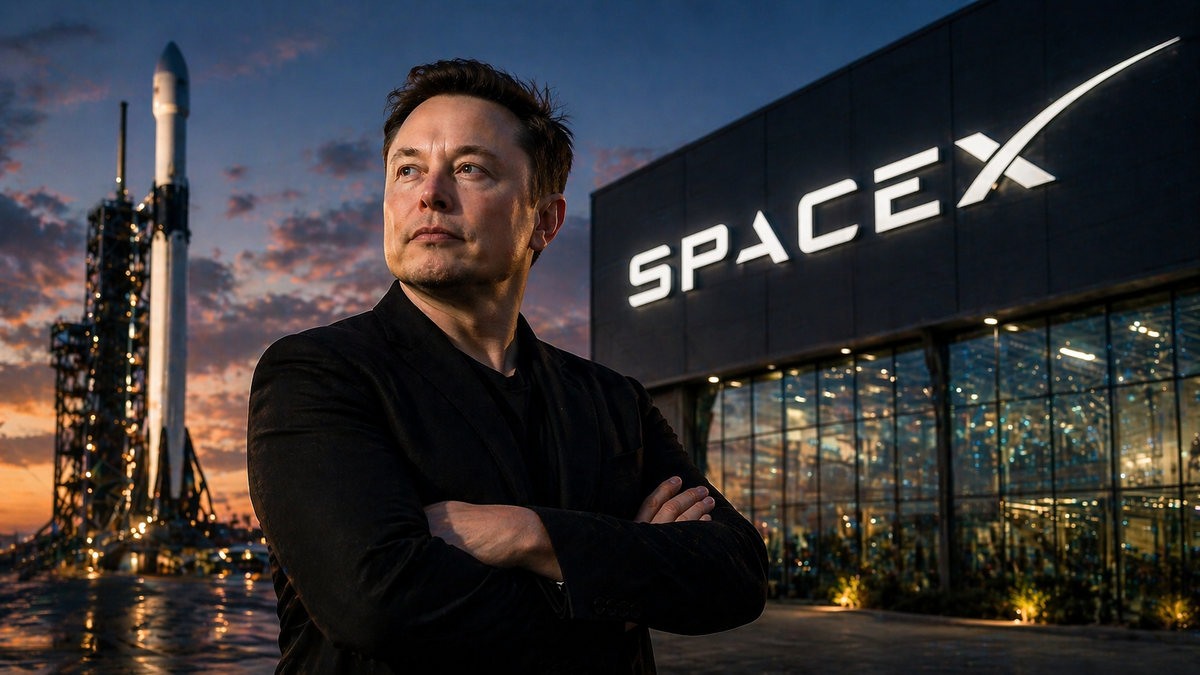 Portrait éditorial d’Elon Musk devant un bâtiment SpaceX au crépuscule, avec une fusée en arrière-plan et le logo SpaceX illuminé, illustrant la transformation stratégique de l’entreprise vers l’intelligence artificielle et les infrastructures spatiales.