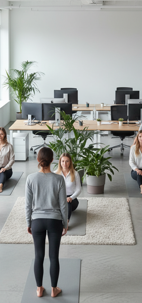 Dirigeant de PME souriant, entouré de collaborateurs dynamiques pratiquant une activité physique en entreprise, illustrant le sport entreprise avantage fiscal et le ROI mesurable.