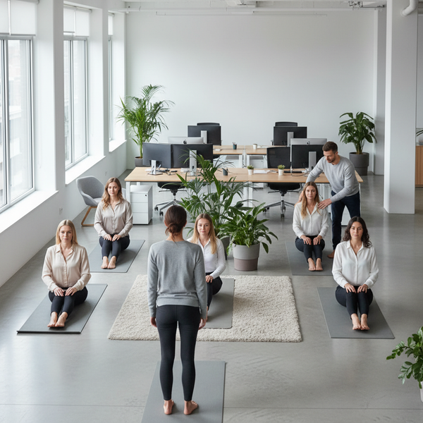 Dirigeant de PME souriant, entouré de collaborateurs dynamiques pratiquant une activité physique en entreprise, illustrant le sport entreprise avantage fiscal et le ROI mesurable.