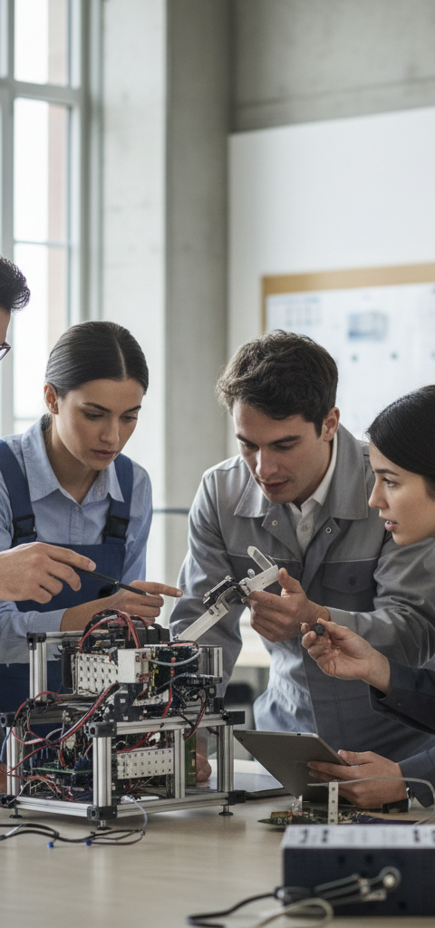 Illustration d'un écosystème universitaire dynamique avec des étudiants et des professionnels collaborant autour d'idées innovantes, symbolisant l'émergence des startup studios universitaires en France.