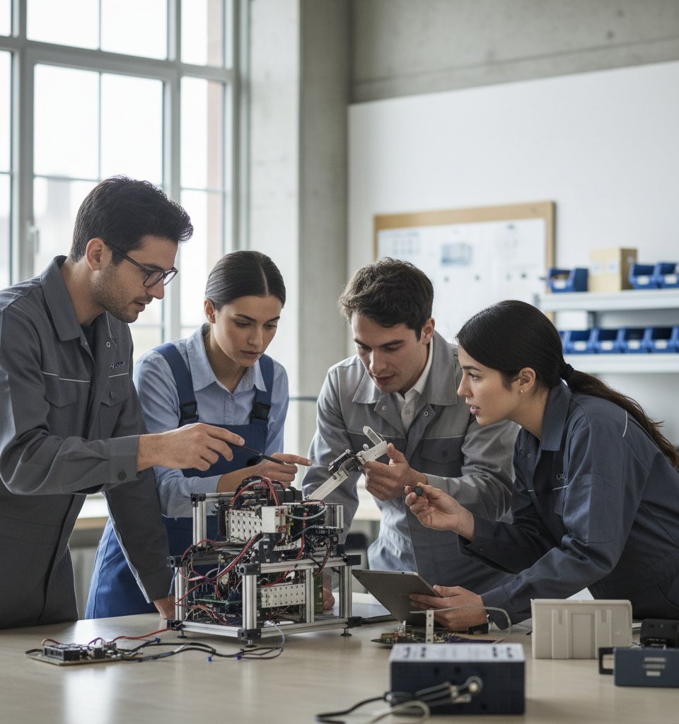 Illustration d'un écosystème universitaire dynamique avec des étudiants et des professionnels collaborant autour d'idées innovantes, symbolisant l'émergence des startup studios universitaires en France.