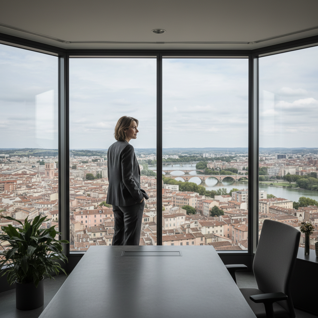 Un dirigeant d'entreprise serein, inspiré par le stoïcisme, naviguant avec calme dans un environnement entrepreneurial turbulent, symbolisant la résilience du dirigeant.