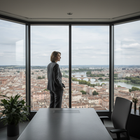 Un dirigeant d'entreprise serein, inspiré par le stoïcisme, naviguant avec calme dans un environnement entrepreneurial turbulent, symbolisant la résilience du dirigeant.