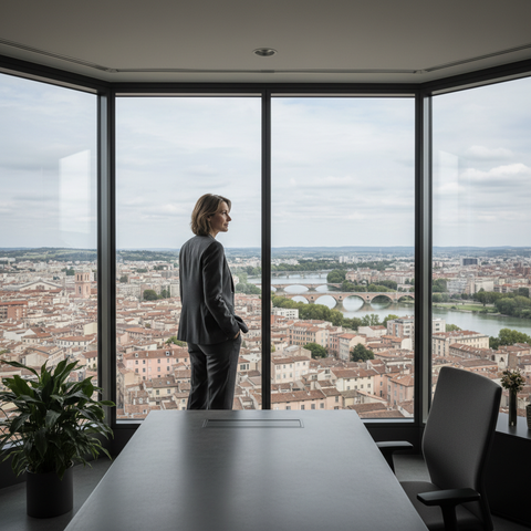 Un dirigeant d'entreprise serein, inspiré par le stoïcisme, naviguant avec calme dans un environnement entrepreneurial turbulent, symbolisant la résilience du dirigeant.