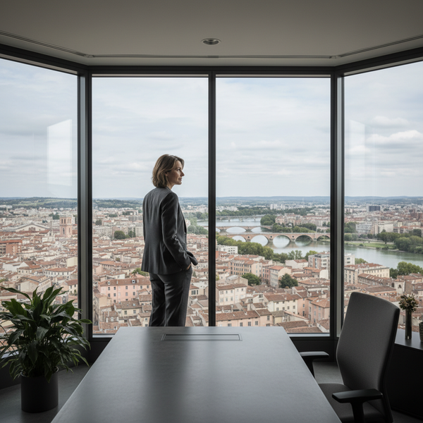 Un dirigeant d'entreprise serein, inspiré par le stoïcisme, naviguant avec calme dans un environnement entrepreneurial turbulent, symbolisant la résilience du dirigeant.