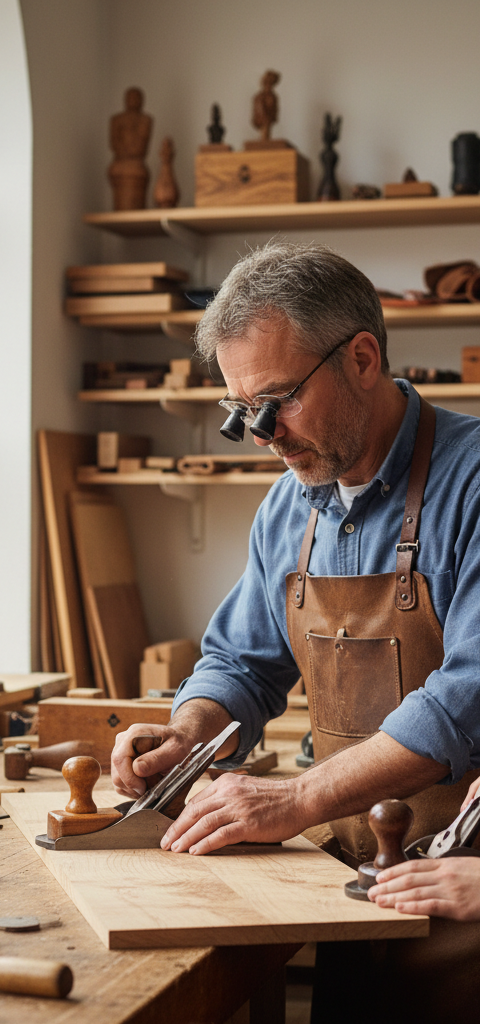 Un artisan minutieux travaillant le bois dans son atelier, symbolisant le storytelling artisanal et la valeur du savoir-faire pour justifier un positionnement premium.