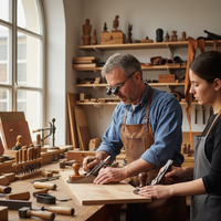 Un artisan minutieux travaillant le bois dans son atelier, symbolisant le storytelling artisanal et la valeur du savoir-faire pour justifier un positionnement premium.