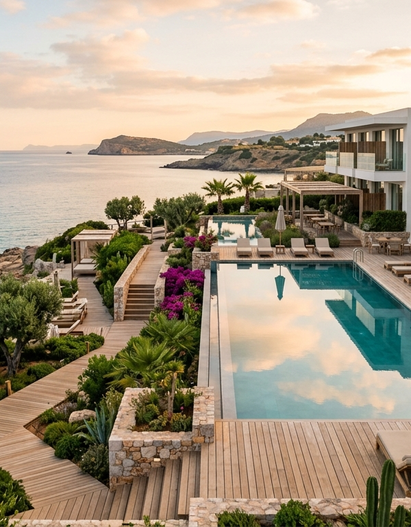 Vue panoramique d'un complexe hôtelier haut de gamme niché sur une côte rocheuse méditerranéenne, capturée dans la lumière dorée du matin. À droite, un bâtiment moderne aux lignes épurées et façades blanches dispose de balcons en verre et de séparations en bois. Au centre, une grande piscine à débordement rectangulaire reflète un ciel parsemé de nuages légers. De vastes terrasses en bois clair accueillent des rangées de bains de soleil et de parasols fermés. Des chemins et escaliers en bois serpentent à travers une végétation luxuriante de palmiers, de buissons et de fleurs violettes, menant vers une mer turquoise calme en arrière-plan, bordée par des collines lointaines sous un ciel de lever de soleil.