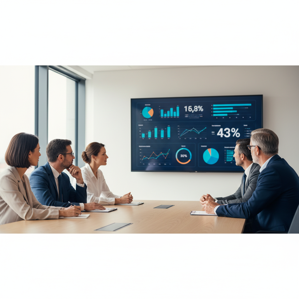 Dirigeant de PME souriant et organisé, utilisant un tableau de bord clair pour son système d'exploitation hebdomadaire, symbolisant la maîtrise et la sérénité.