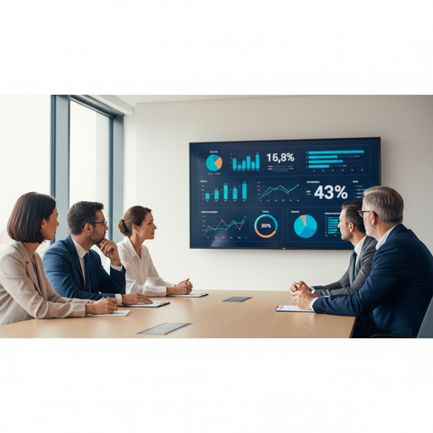 Dirigeant de PME souriant et organisé, utilisant un tableau de bord clair pour son système d'exploitation hebdomadaire, symbolisant la maîtrise et la sérénité.