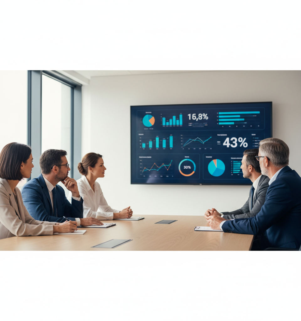 Dirigeant de PME souriant et organisé, utilisant un tableau de bord clair pour son système d'exploitation hebdomadaire, symbolisant la maîtrise et la sérénité.