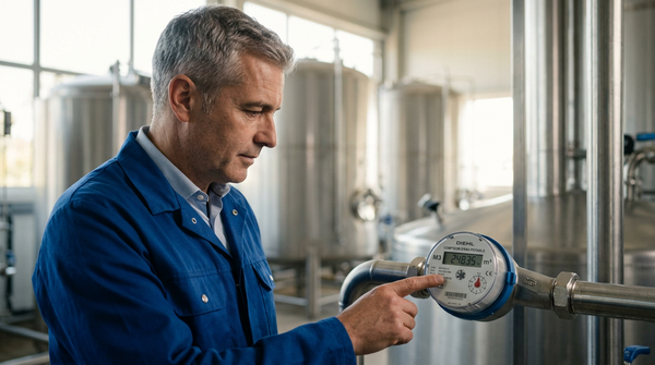 Illustration d'une usine agroalimentaire avec des compteurs d'eau, symbolisant l'impact de la Taxe Climat-Eau PME sur les coûts et la gestion de l'eau.