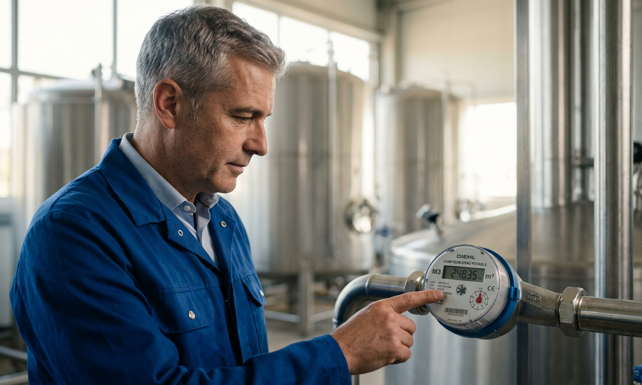 Illustration d'une usine agroalimentaire avec des compteurs d'eau, symbolisant l'impact de la Taxe Climat-Eau PME sur les coûts et la gestion de l'eau.