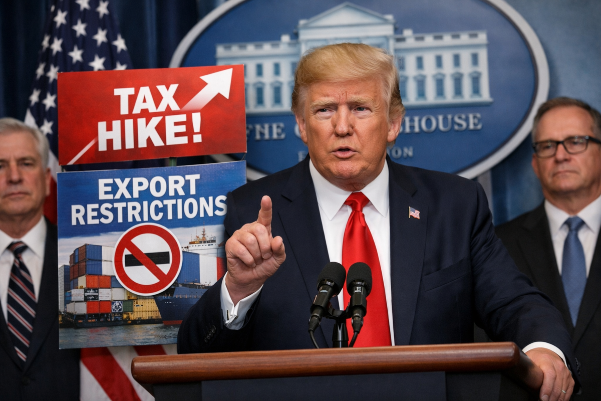 Donald Trump en conférence de presse à Washington, devant des visuels évoquant une hausse de la fiscalité et des restrictions à l’export, illustration des tensions commerciales pesant sur les entreprises françaises exportatrices.