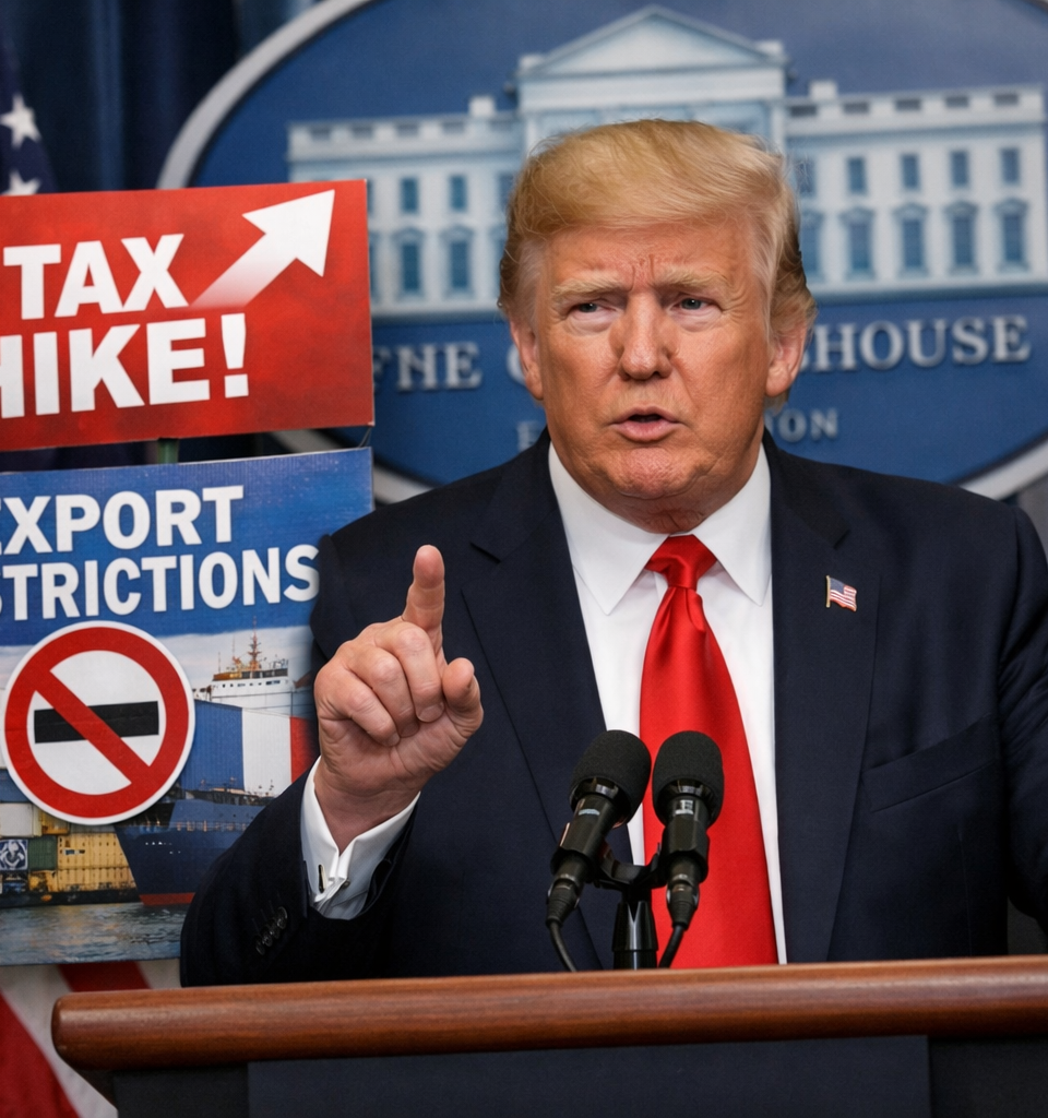 Donald Trump en conférence de presse à Washington, devant des visuels évoquant une hausse de la fiscalité et des restrictions à l’export, illustration des tensions commerciales pesant sur les entreprises françaises exportatrices.