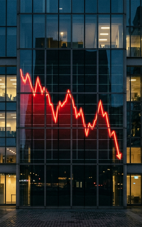 Graphique illustrant une chute de valorisation boursière avec le logo Tehtris en arrière-plan, symbolisant les défis de l'hypercroissance et la nécessité d'une stratégie de croissance résiliente.