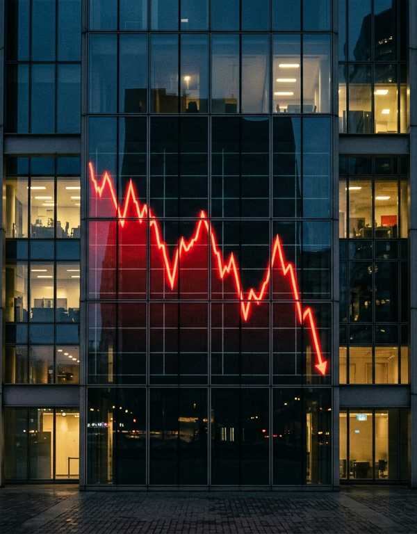 Graphique illustrant une chute de valorisation boursière avec le logo Tehtris en arrière-plan, symbolisant les défis de l'hypercroissance et la nécessité d'une stratégie de croissance résiliente.