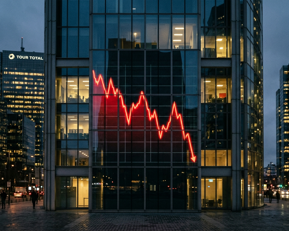 Graphique illustrant une chute de valorisation boursière avec le logo Tehtris en arrière-plan, symbolisant les défis de l'hypercroissance et la nécessité d'une stratégie de croissance résiliente.