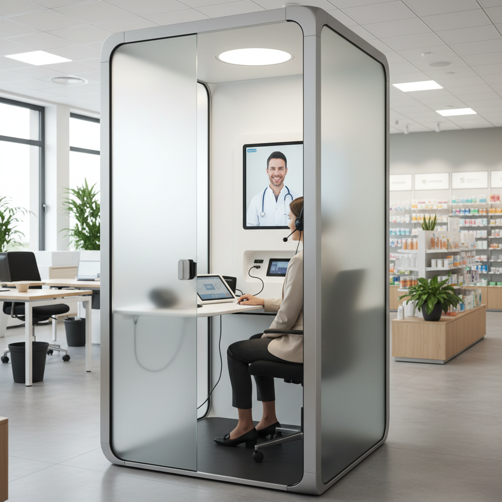 Une cabine de téléconsultation moderne avec un écran affichant un médecin, symbolisant l'essor du marché B2B de la téléconsultation et des cabines de santé connectées en France.