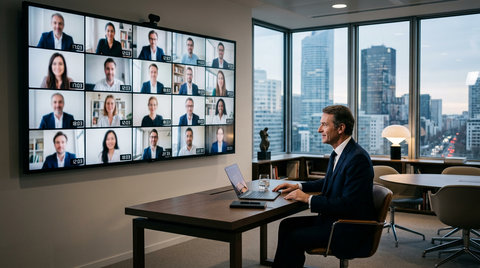 Illustration d'une carte du monde avec des icônes de personnes travaillant à distance, symbolisant le télétravail international PME et ses enjeux juridiques et fiscaux.