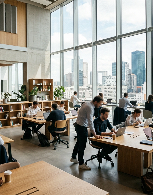 Espaces de coworking modernes et flexibles pour le Télétravail Pennylane, nouveau modèle de bureau hybride.