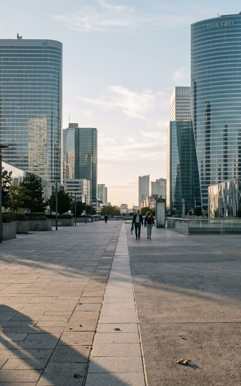 Une vue aérienne d'un quartier d'affaires moderne, avec des bureaux partiellement éclairés un vendredi après-midi, symbolisant l'impact du télétravail.
