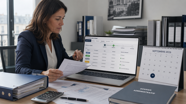 Responsable administrative d’une PME consultant une plateforme de facturation électronique sur ordinateur, entourée de documents comptables et d’un calendrier affichant septembre 2026.