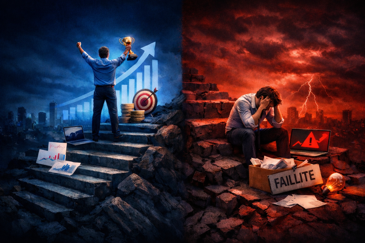 scène éditoriale réaliste en format paysage opposant deux trajectoires entrepreneuriales dans une composition divisée en deux. À gauche, un homme debout sur des marches solides lève un trophée devant une ville sombre éclairée de tons bleus, avec un graphique ascendant, des pièces empilées et une cible, symbolisant la progression, la stratégie et la réussite. À droite, un homme assis, la tête entre les mains, se trouve sur des ruines rocheuses dans une atmosphère rouge dramatique, face à un ordinateur affichant une alerte et à des documents éparpillés, illustrant l’échec, la pression et l’effondrement d’un projet. L’image joue sur un fort contraste bleu-rouge, avec une ambiance mystérieuse, intense et cinématographique.