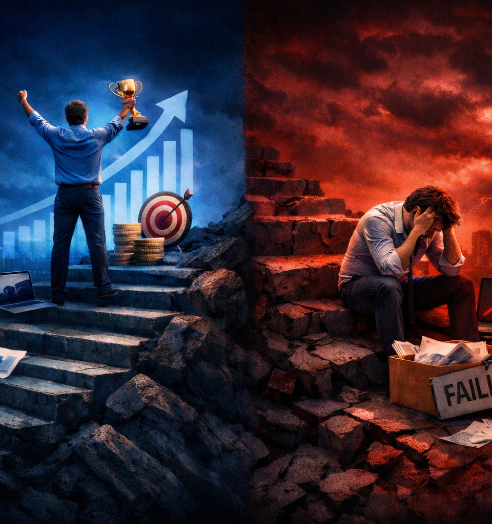 scène éditoriale réaliste en format paysage opposant deux trajectoires entrepreneuriales dans une composition divisée en deux. À gauche, un homme debout sur des marches solides lève un trophée devant une ville sombre éclairée de tons bleus, avec un graphique ascendant, des pièces empilées et une cible, symbolisant la progression, la stratégie et la réussite. À droite, un homme assis, la tête entre les mains, se trouve sur des ruines rocheuses dans une atmosphère rouge dramatique, face à un ordinateur affichant une alerte et à des documents éparpillés, illustrant l’échec, la pression et l’effondrement d’un projet. L’image joue sur un fort contraste bleu-rouge, avec une ambiance mystérieuse, intense et cinématographique.