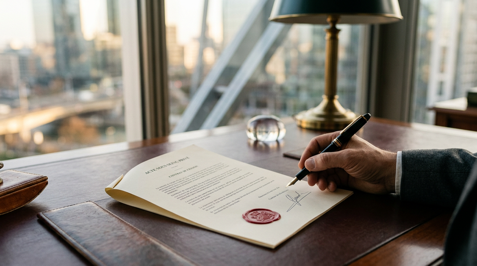 Gros plan sur un tampon officiel et un document juridique, symbolisant l'importance d'une traduction assermentée pour la conformité et la sécurité des PME à l'international.