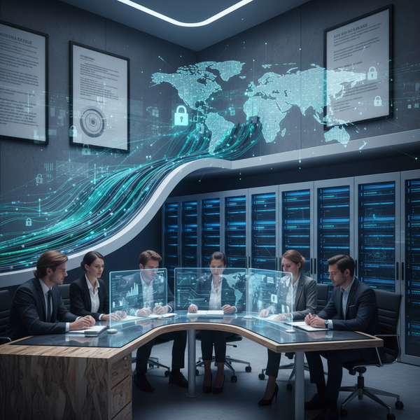 Illustration de documents juridiques et d'un globe terrestre symbolisant le transfert de données hors UE pour les PME, avec des cadenas pour la sécurité et la conformité RGPD.