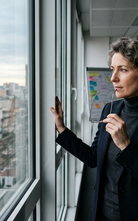 Un dirigeant de PME, l'air pensif, seul dans son bureau, symbolisant la solitude face aux enjeux de la transition écologique et aux défis environnementaux.