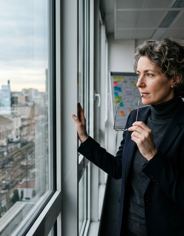 Un dirigeant de PME, l'air pensif, seul dans son bureau, symbolisant la solitude face aux enjeux de la transition écologique et aux défis environnementaux.